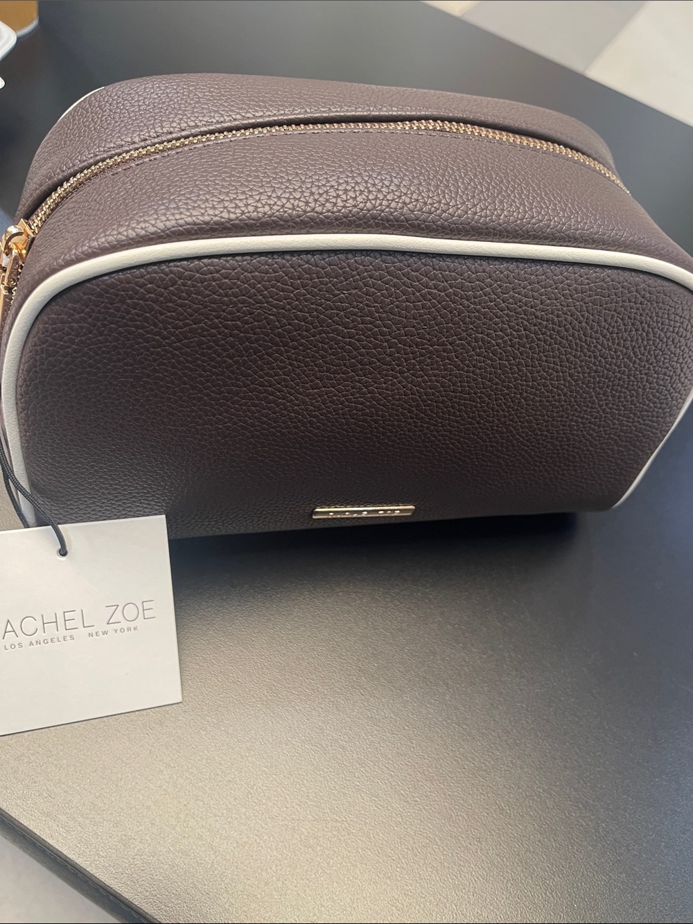 Rachel Zoe Brown Leather Toiletry Bag with Cream Trim